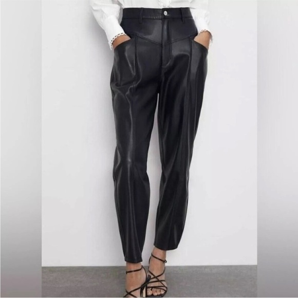 Zara Pants - Zara Black Faux Leather 80s Yoked Front Corsy Pants Women's 10 baggy